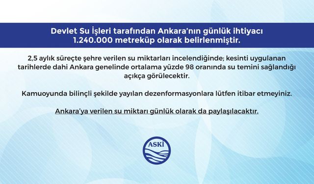 DSİ Ankara’nın Günlük Su İhtiyacını 1 Milyon 240 Bin Metreküp Olarak Belirledi