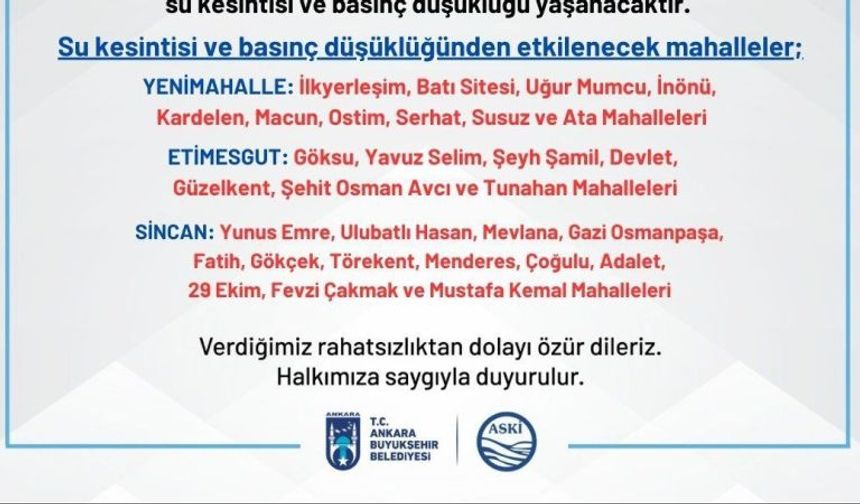 24 Aralık’ta Ankara’da 3 ilçede büyük su kesintisi!