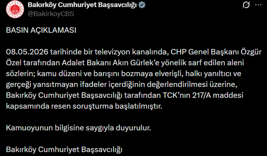 Bakırköy Cumhuriyet Başsavcılığı, Özgür Özel Hakkında Soruşturma Başlattı