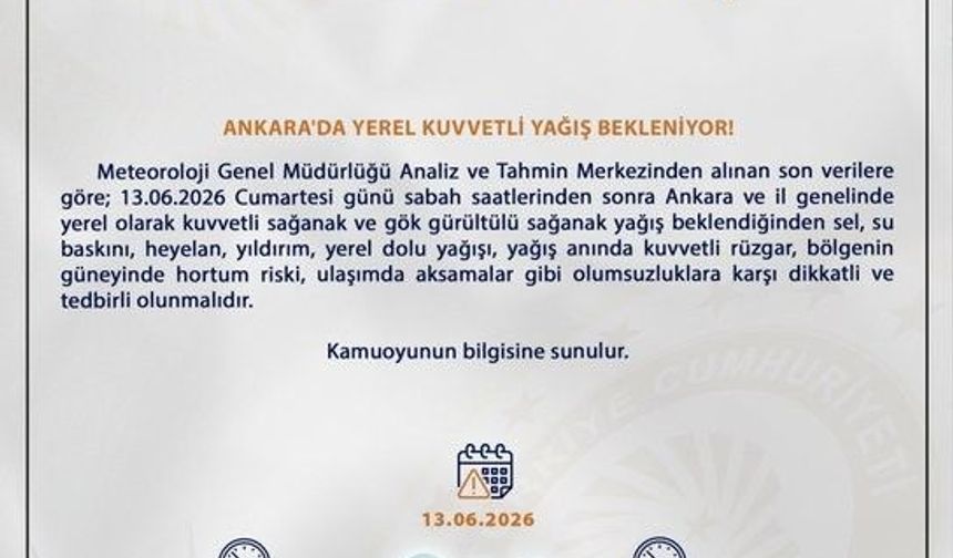 Ankara İçin Kuvvetli Sağanak Uyarısı